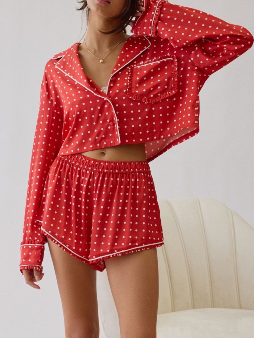 NWT For Love And Lemons Red Polka Dot Satin Pajama Set Lailah Shorts Long Sleeve